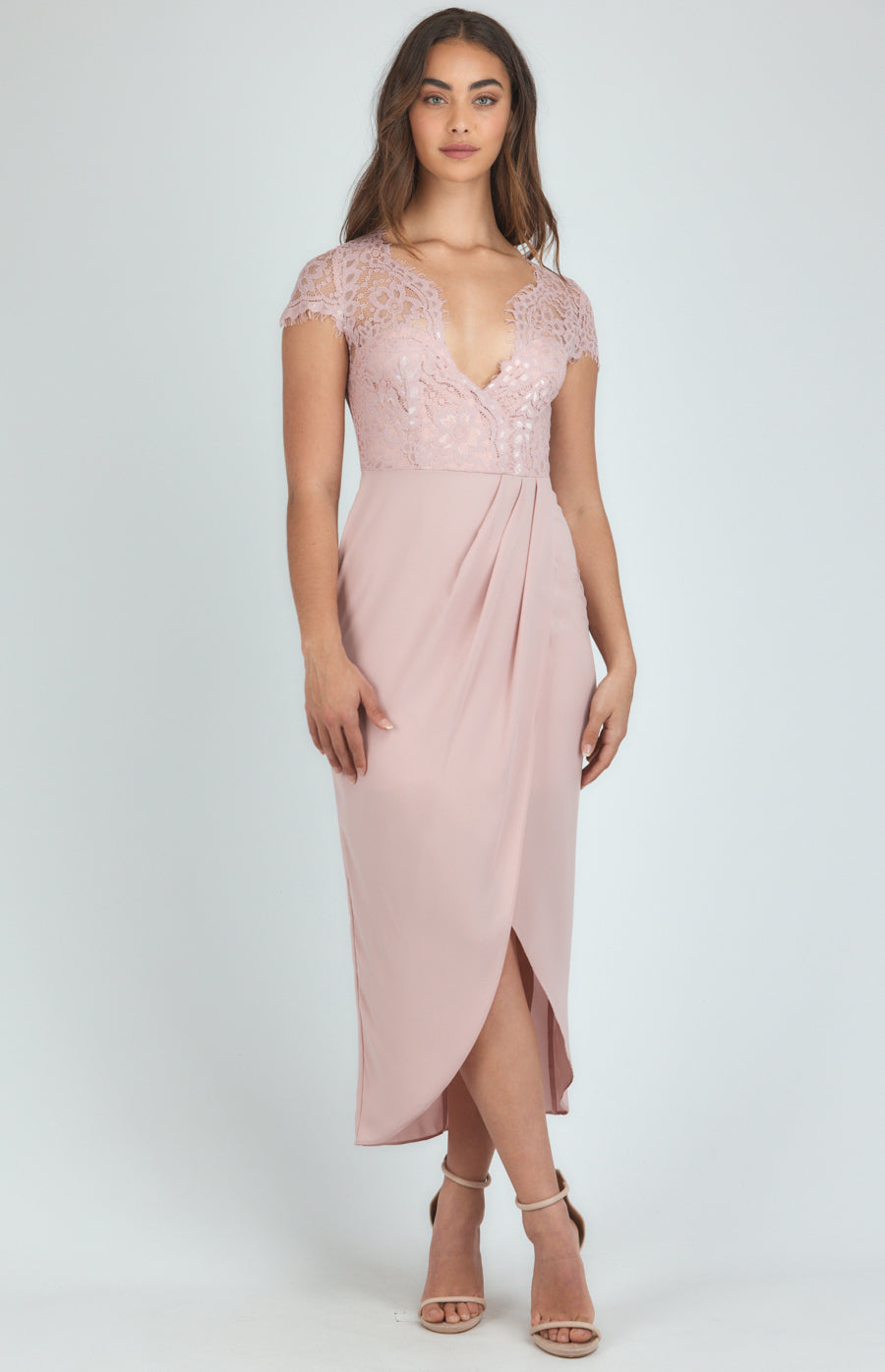 Lace bodice midi dress with cap sleeves & tulip hem - Navy