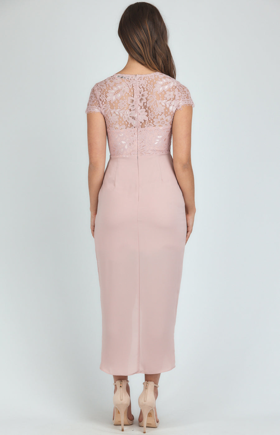 Lace bodice midi dress with cap sleeves & tulip hem - Navy