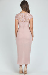 Lace bodice midi dress with cap sleeves & tulip hem - Navy
