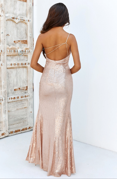 One shoulder gold sequin gown