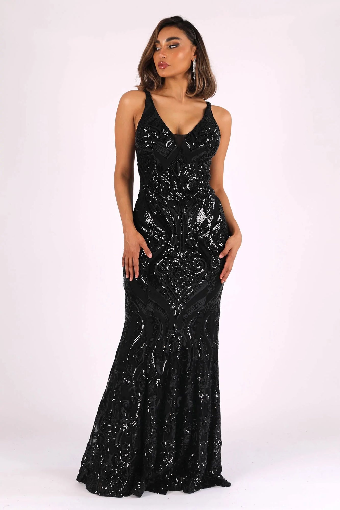 Patterned V-neck low back sequin gown - Black (222255)
