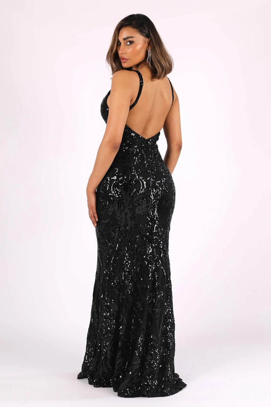 Patterned V-neck low back sequin gown - Black (222255)