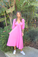 Hot pink midi dress with sleeves & cut outs