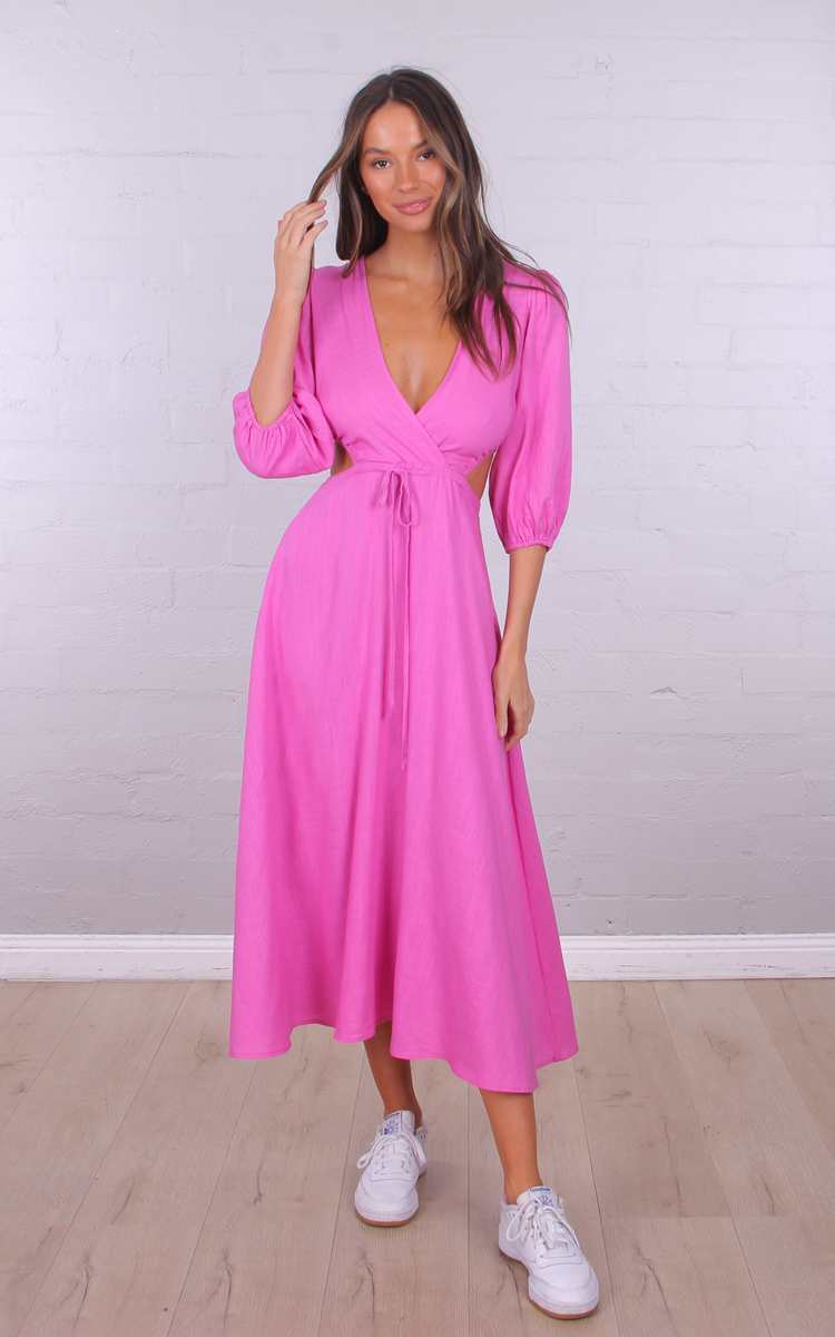 Hot pink midi dress with sleeves & cut outs