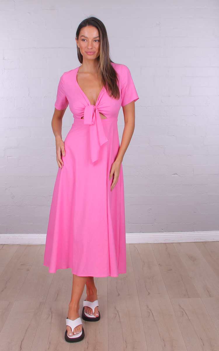 Short Sleeved tie up front hot pink midi dress