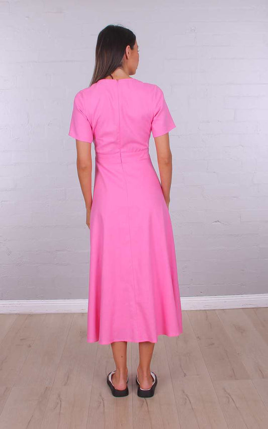 Short Sleeved tie up front hot pink midi dress