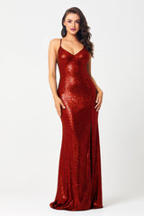 PO594 India front of red fully lined, floor length, stretch sequin formal dress