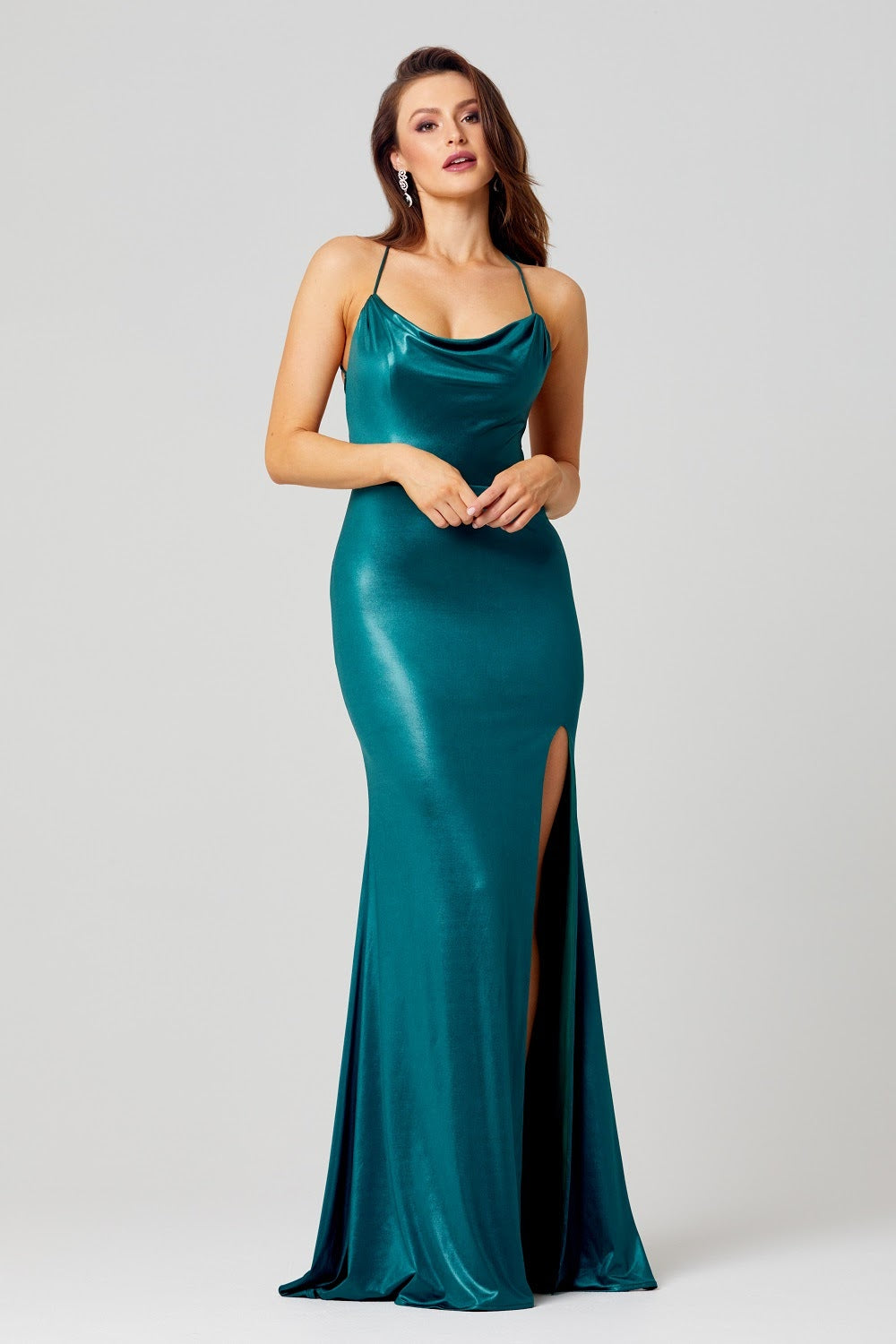 PO858 Piper front of teal fully lined, floor length, deluxe jersey formal dress