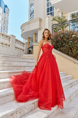 PO926 Hadley Red A-Line, sweetheart neckline, lace and glitter tulle formal dress