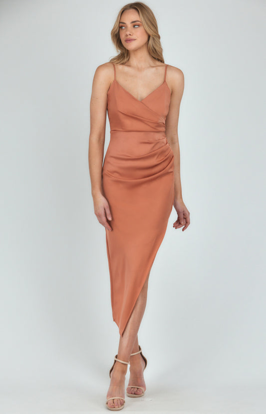 Satin Midi Dress With Side Pleated Detail